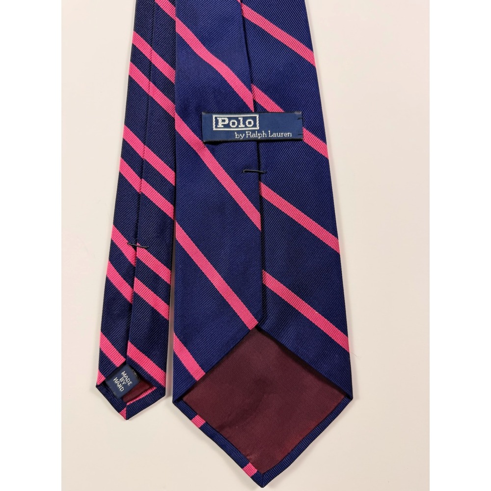 Polo Ralph Lauren Mens Silk Tie Navy Blue Pink Diagonal Stripe Hand Made